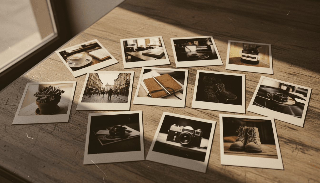 Polaroids de collaboration disposés sur un bureau
