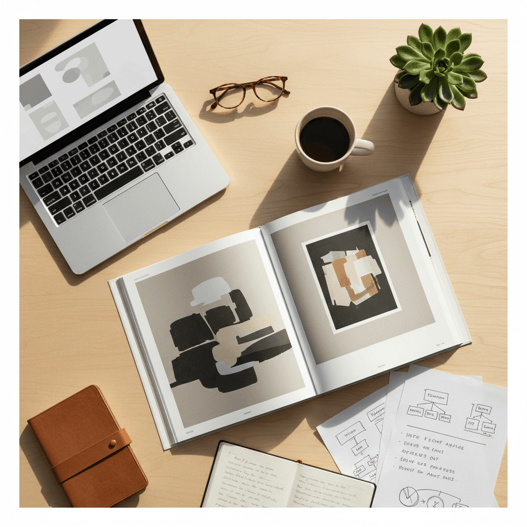 Plan de travail créatif, entre caméra et palette maquillage