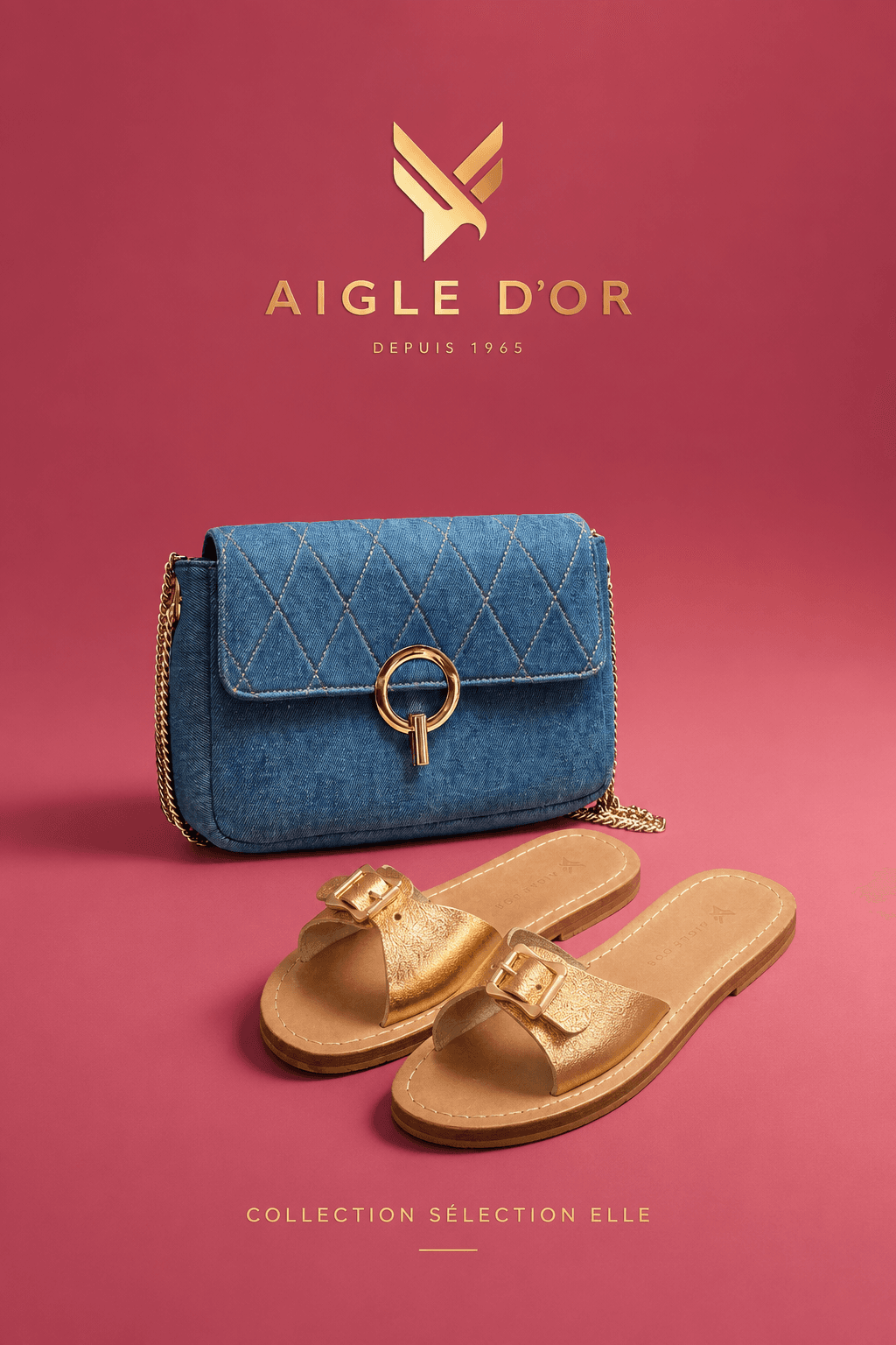 Sac à main en jean bleu matelassé et sandales dorées sur un fond rose.