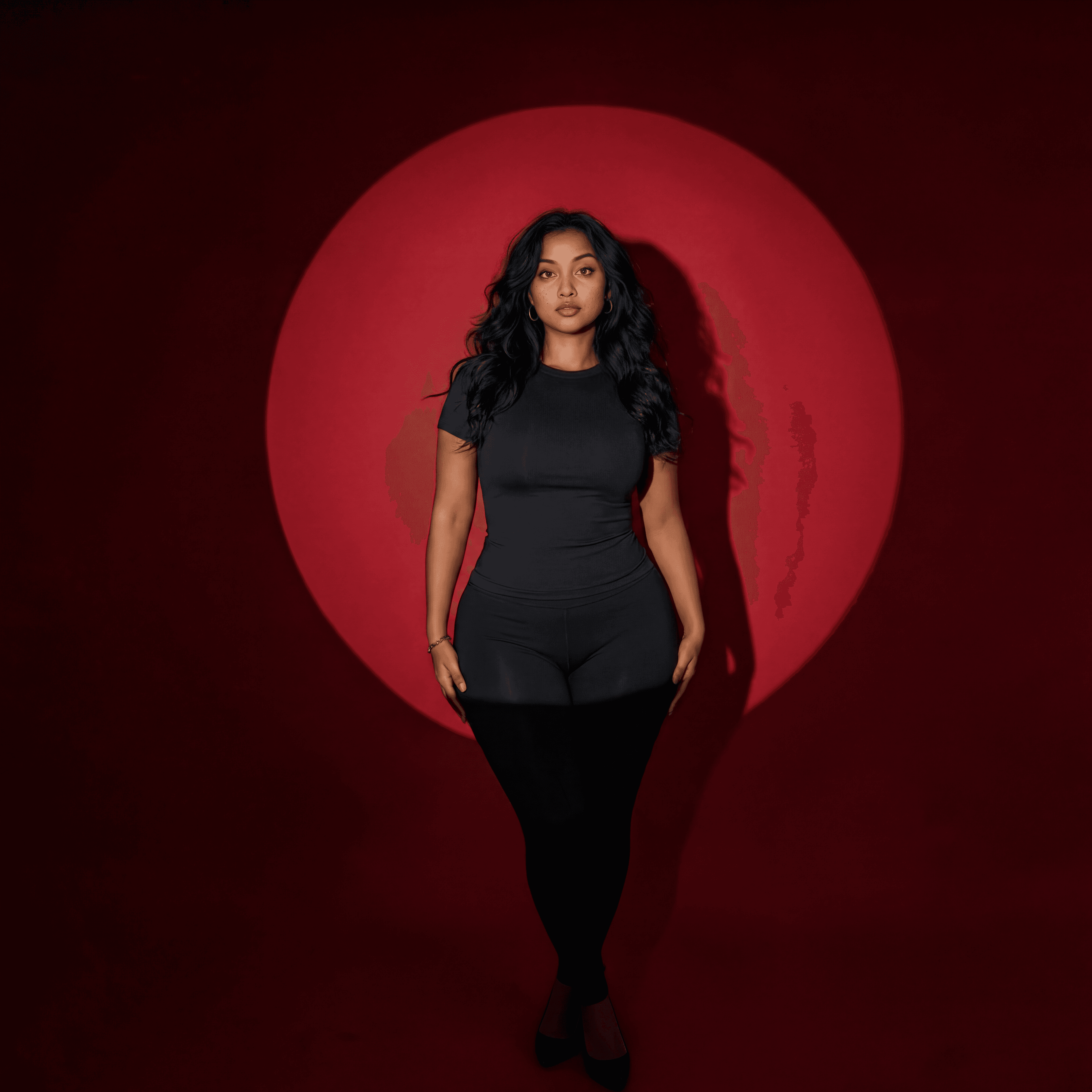 Femme en tenue noire moulante posant devant un grand cercle lumineux rouge sur fond sombre.
